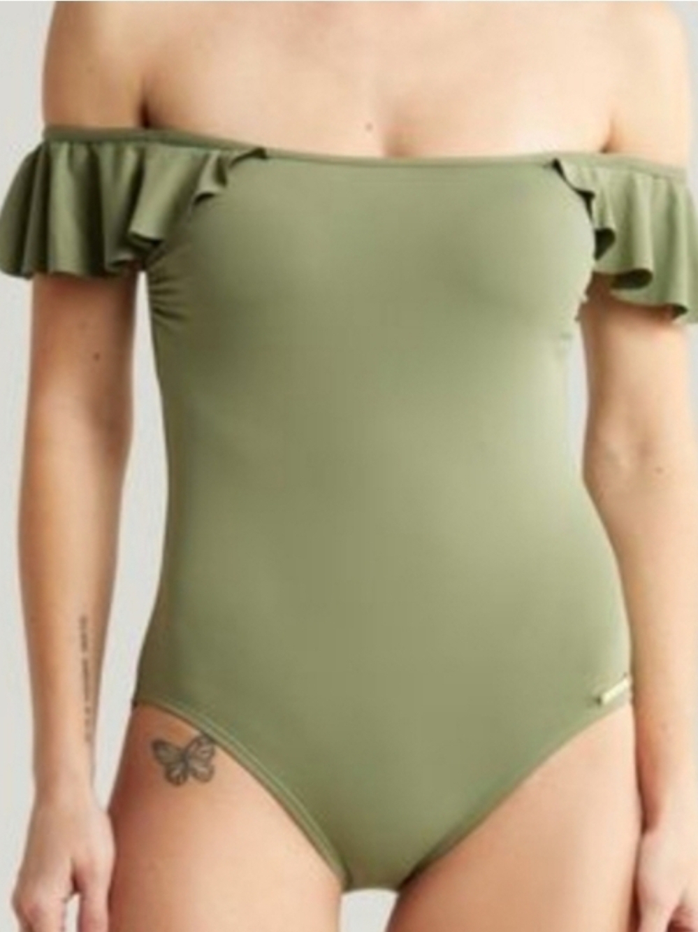 Vince Camuto Women Off The Shoulder Double Ruffle Olive One Piece Swimsuit
